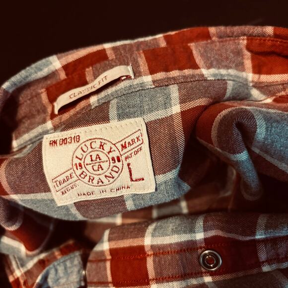 Lucky Brand Western Men's Large Thick Cotton Shirt Pearl Snap Checkered Red Gray - Picture 6 of 7
